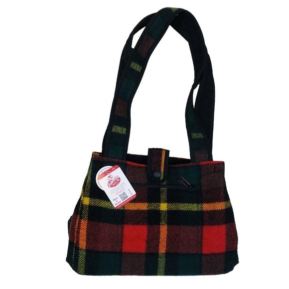 Johnson Woolen Mills Red & Black Plaid Wool Double Handle Tote Bag Vermont Made